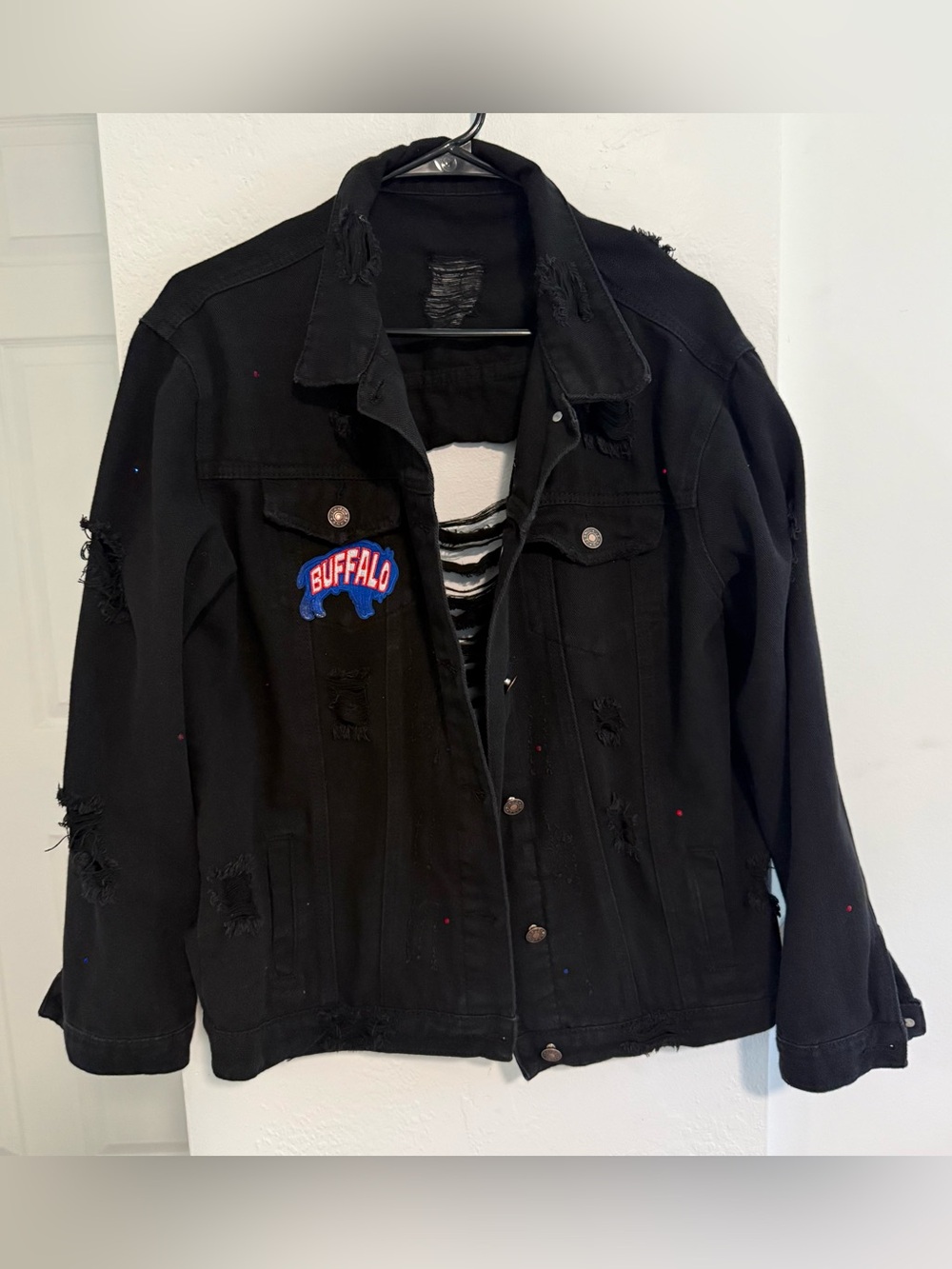 Buffalo Bills bedazzled Black Distressed Denim Jacket